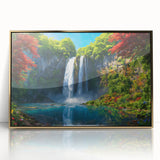 Framed wall art featuring a stunning landscape of waterfalls, accentuated with gold accents, perfect for enhancing home décor and creating a serene atmosphere.