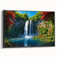 Framed canvas wall art showcasing a stunning waterfall landscape design, featuring vibrant blues and greens, presented in a sleek black frame. Perfect for enhancing home decor.