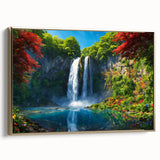 Framed canvas wall art showcasing a vibrant waterfall landscape with rich blues and greens, set against a gold frame, ideal for enhancing modern home decor.