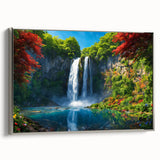 Framed canvas wall art showcasing a serene waterfall landscape with silver edges, perfect for enhancing modern home decor and creating a calming atmosphere.