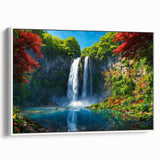 Framed canvas wall art showcasing a serene waterfall landscape with lush greenery, designed to enhance home decor, viewed from a white side angle.