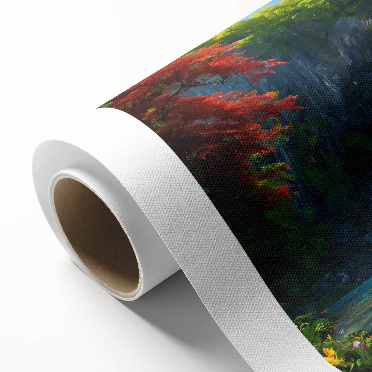 Rolled canvas depicting a serene waterfall landscape with vibrant blues and greens, perfect for enhancing home decor. Ideal for nature lovers and art enthusiasts.