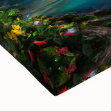 Close-up of a stretched canvas wall art featuring a vibrant waterfall landscape design, showcasing rich colors and intricate details, perfect for home decoration.