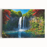 Stretched canvas wall art showcasing a vibrant waterfall landscape design with lush greenery and flowing water, perfect for home decor and nature lovers.