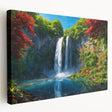 Stretched canvas wall art showcasing a vibrant waterfall landscape design, featuring lush greenery and flowing water, perfect for enhancing living spaces.