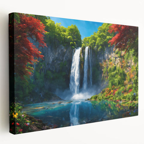 Stretched canvas wall art showcasing a vibrant waterfall landscape design, featuring lush greenery and flowing water, perfect for enhancing living spaces.