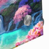 Close-up of a stunning acrylic wall art piece showcasing a vibrant waterfall landscape, highlighting crystal-clear water and lush greenery, perfect for home decor.
