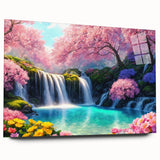 Acrylic glass artwork showcasing a serene waterfall landscape, featuring vibrant blues and greens, elegantly framed for wall display without visible pins.