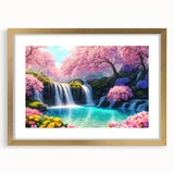 Framed wall art featuring a serene waterfall landscape in vibrant blues and greens, elegantly presented with a gold mat and frame, ideal for home decor.