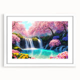 Framed wall art featuring a serene waterfall landscape with lush greenery, set in a sleek white mat and frame, ideal for home decor enhancements.