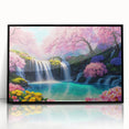 Framed acrylic wall art showcasing a stunning landscape waterfall design, featuring vibrant colors and intricate details, set in a sleek black frame for modern decor.