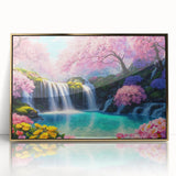 Framed acrylic wall art featuring a stunning waterfall landscape design with gold accents, perfect for enhancing home decor and creating a serene ambiance.