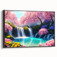 Framed canvas wall art showcasing a serene waterfall landscape design, featuring vibrant blues and greens, set against a sleek black frame, perfect for home décor.