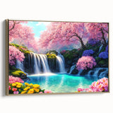 Framed canvas wall art showcasing a serene waterfall landscape, featuring vibrant greens and blues, with a sleek gold frame enhancing its elegance. Ideal for home decor.