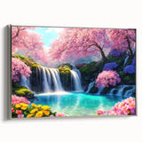 Framed canvas wall art showcasing a stunning waterfall landscape design with vibrant blue and green hues, displayed in a sleek silver frame, ideal for home decor.
