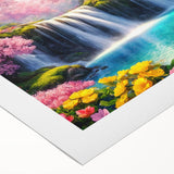 Stunning rolled canvas artwork showcasing a vibrant waterfall landscape design, perfect for home decor, featuring lush greenery and cascading water, elegantly packaged for protection.