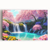 Stretched canvas wall art depicting a vibrant waterfall landscape surrounded by lush greenery, perfect for enhancing home decor with a natural theme.