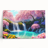 Stretched canvas wall art showcasing a vibrant waterfall landscape design, featuring lush greenery and cascading water, ideal for home decor enhancement.