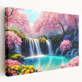 Stretched canvas wall art depicting a vibrant waterfall landscape, showcasing lush greenery and flowing water, ideal for home decor or nature-themed spaces.