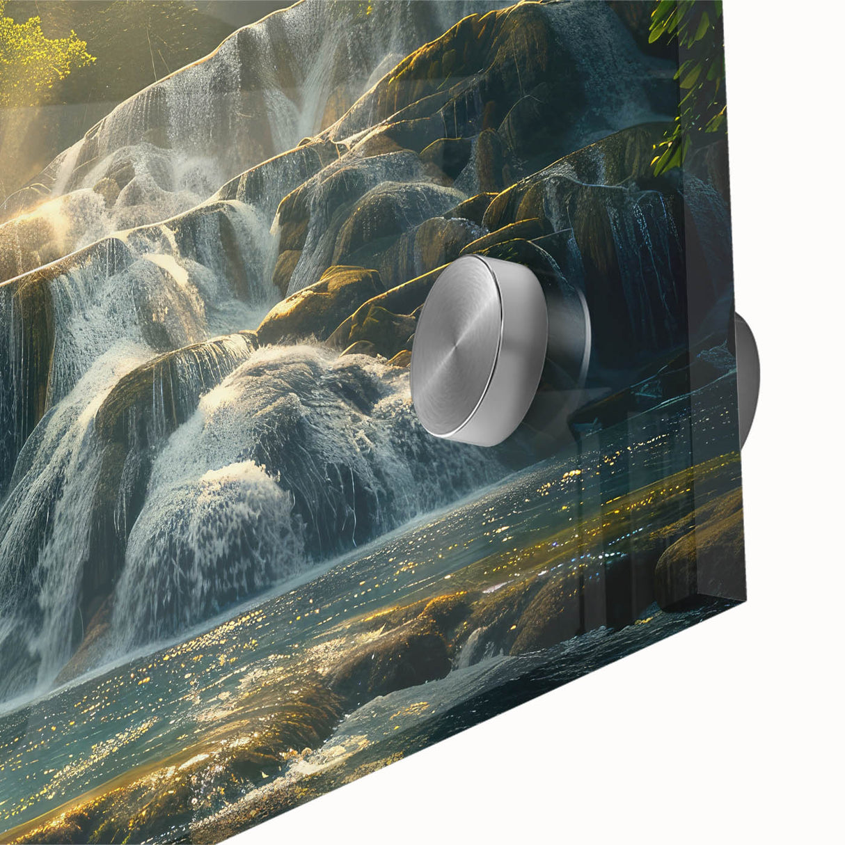 Close-up of a vibrant acrylic glass wall art piece showcasing a cascading waterfall surrounded by lush greenery, adding a serene touch to home decor.
