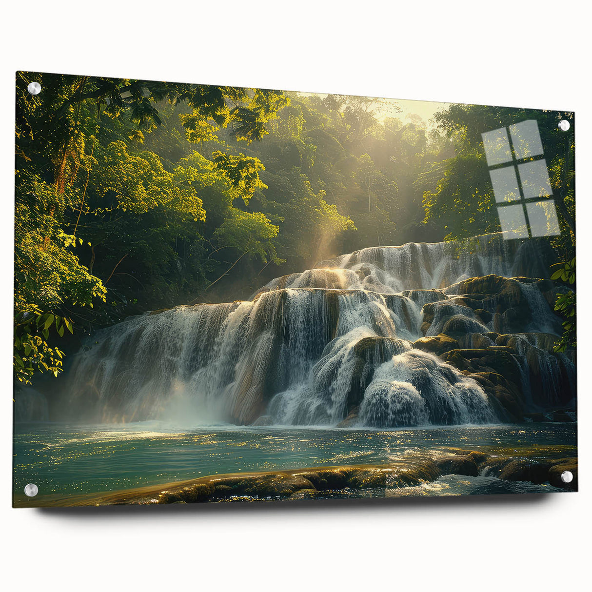 Acrylic wall art showcasing a stunning landscape waterfall design, displayed from a side view with pins for mounting, perfect for enhancing any décor.