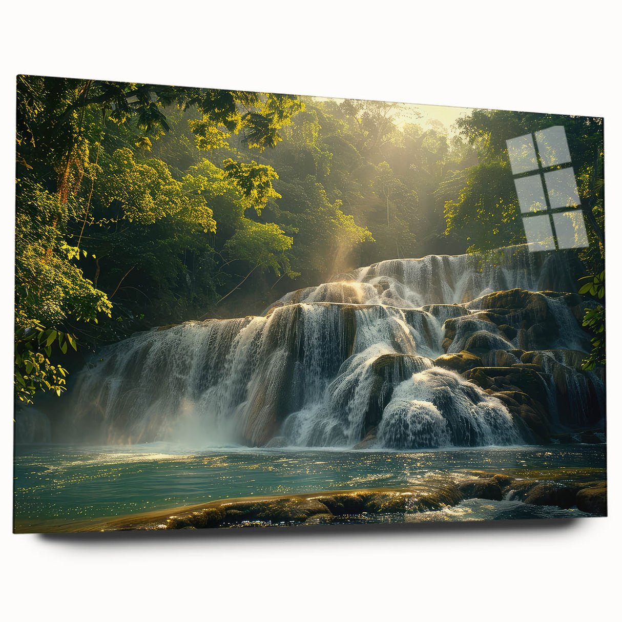 Acrylic glass wall art showcasing a vibrant landscape design of a waterfall surrounded by lush greenery, viewed from the side, highlighting its modern aesthetic and depth. Ideal for home decor enthusiasts seeking nature-inspired artwork.