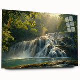 Acrylic glass wall art showcasing a vibrant landscape design of a waterfall surrounded by lush greenery, viewed from the side, highlighting its modern aesthetic and depth. Ideal for home decor enthusiasts seeking nature-inspired artwork.