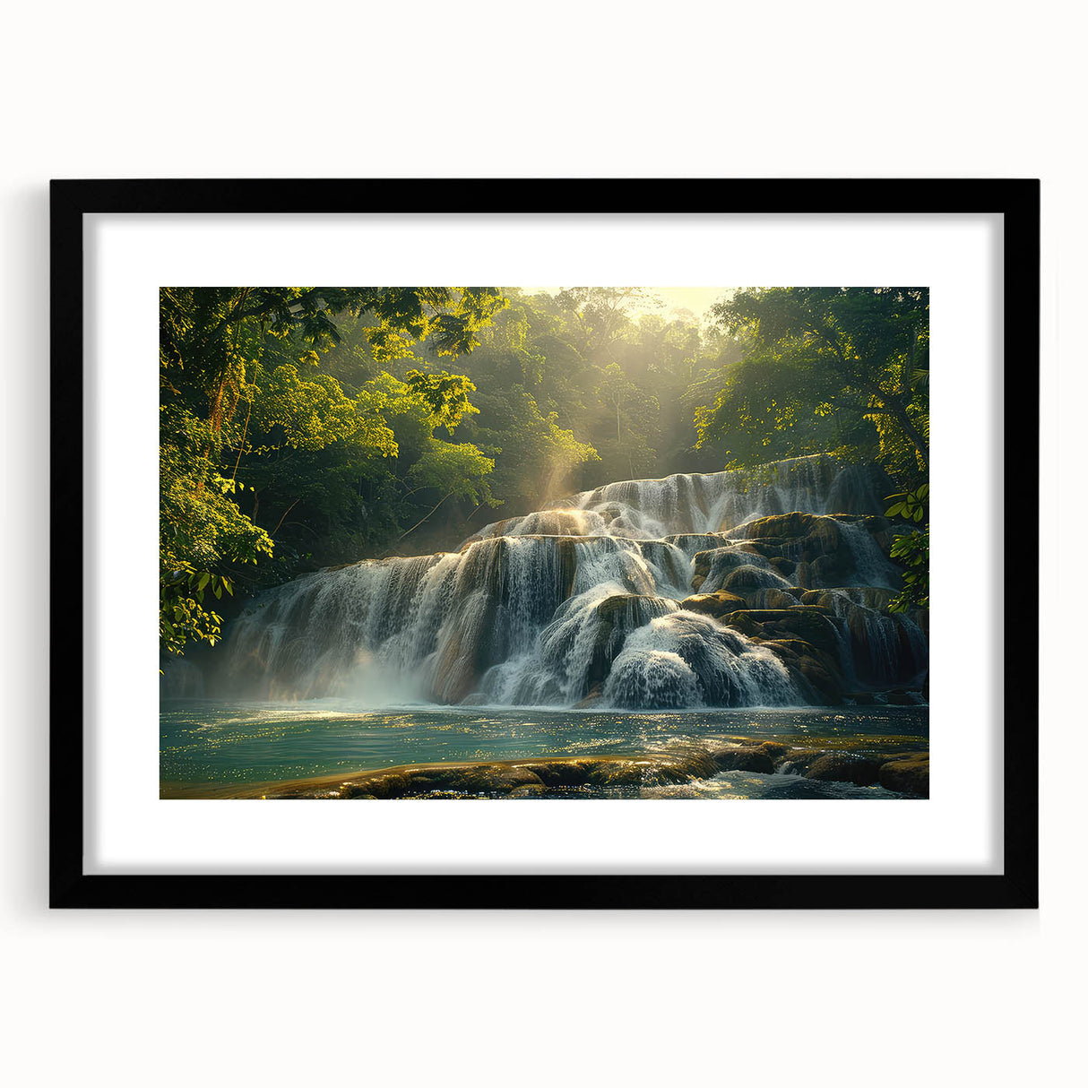 Framed wall art showcasing a serene landscape with a vibrant waterfall, featuring a black mat and sleek frame, perfect for home decor enhancement.