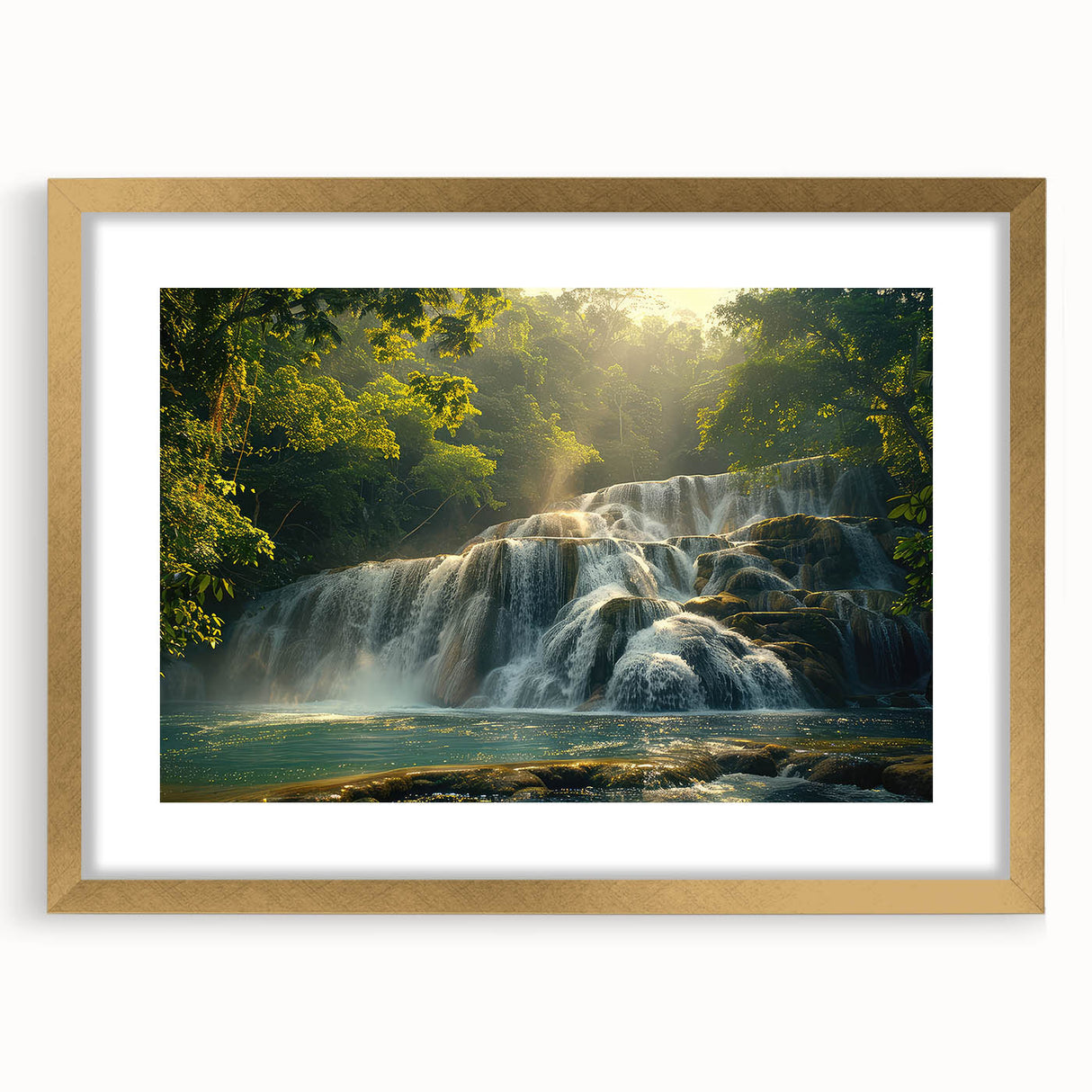 Elegant framed wall art featuring a stunning waterfall landscape, surrounded by a gold mat, ideal for home decor. This eye-catching piece adds a touch of nature's beauty to any room.