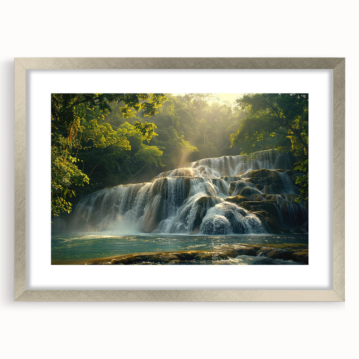 Framed wall art featuring a serene waterfall landscape in vibrant colors, elegantly displayed in a silver frame with a mat, perfect for home decor enhancement.