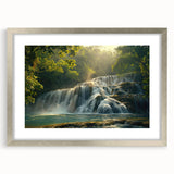 Framed wall art featuring a serene waterfall landscape in vibrant colors, elegantly displayed in a silver frame with a mat, perfect for home decor enhancement.