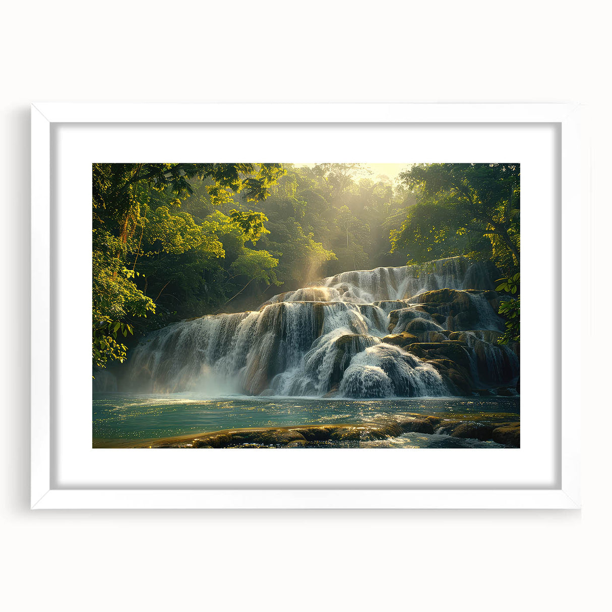 Framed wall art depicting a serene landscape waterfall scene, featuring vibrant colors and intricate details, set within a white mat for an elegant presentation.