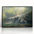 Framed acrylic wall art featuring a stunning waterfall landscape design, showcasing vibrant blues and greens, perfect for home decor and nature enthusiasts.