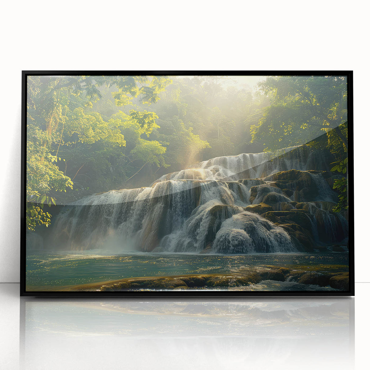 Framed acrylic wall art featuring a stunning waterfall landscape design, showcasing vibrant blues and greens, perfect for home decor and nature enthusiasts.
