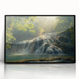 Framed acrylic wall art featuring a stunning waterfall landscape design, showcasing vibrant blues and greens, perfect for home decor and nature enthusiasts.