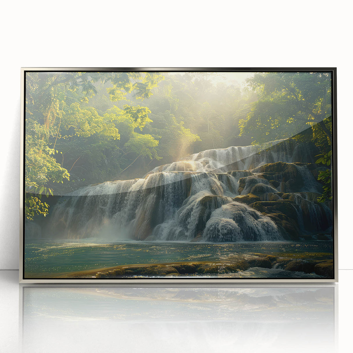 Framed wall art showcasing a stunning waterfall landscape design, featuring vibrant blues and greens, set in a sleek silver frame for an elegant home decor accent.