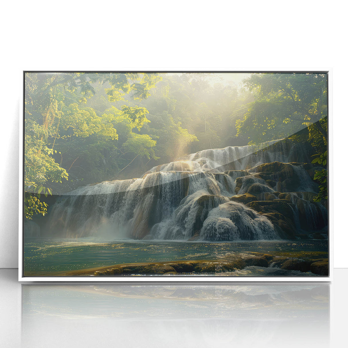 Framed acrylic wall art featuring a stunning waterfall landscape design, set against a sleek white frame, perfect for enhancing modern home decor aesthetics.