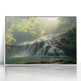 Framed acrylic wall art featuring a stunning waterfall landscape design, set against a sleek white frame, perfect for enhancing modern home decor aesthetics.