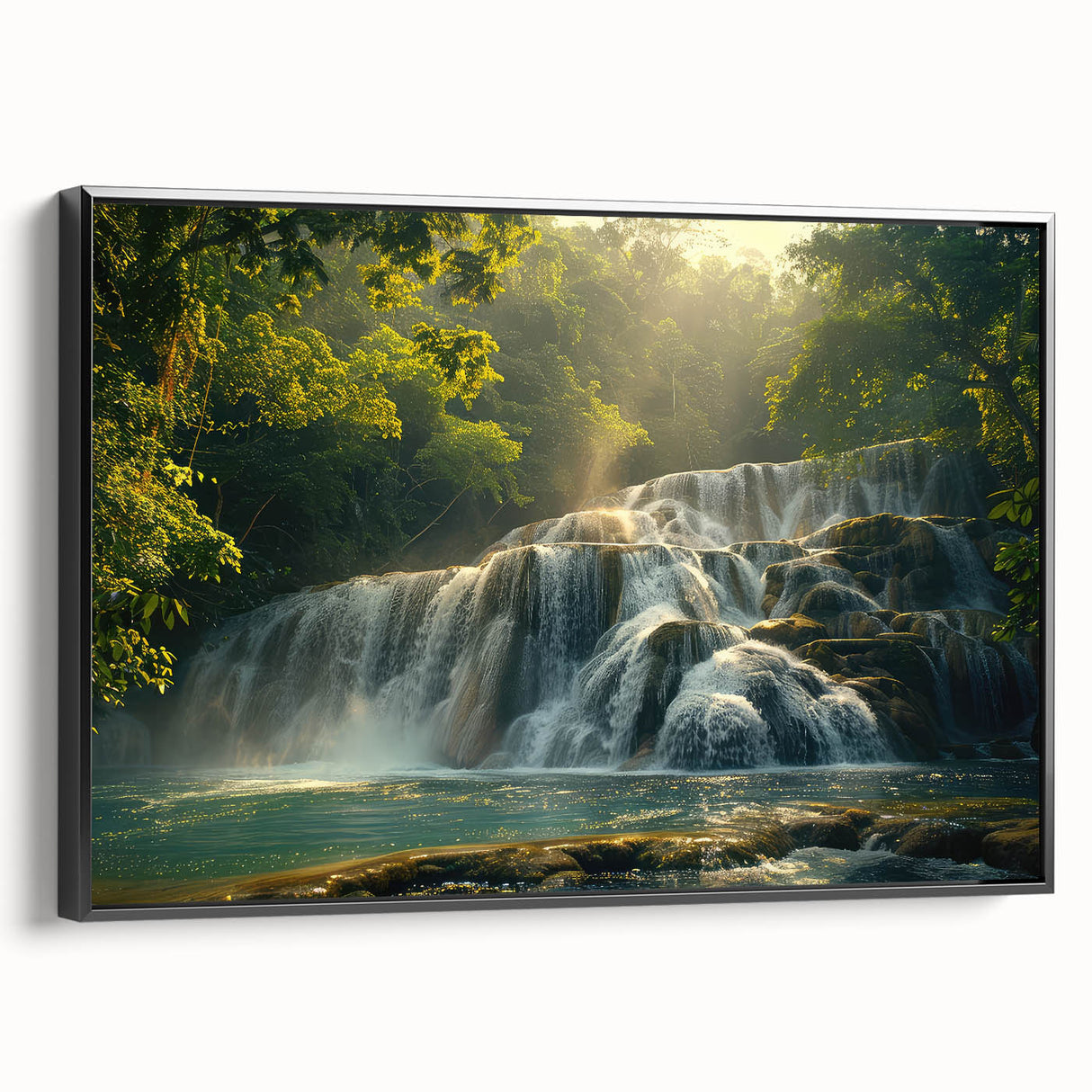 Framed canvas wall art featuring a serene waterfall landscape design with lush greenery, presented in a sleek black frame, perfect for home decor enhancement.