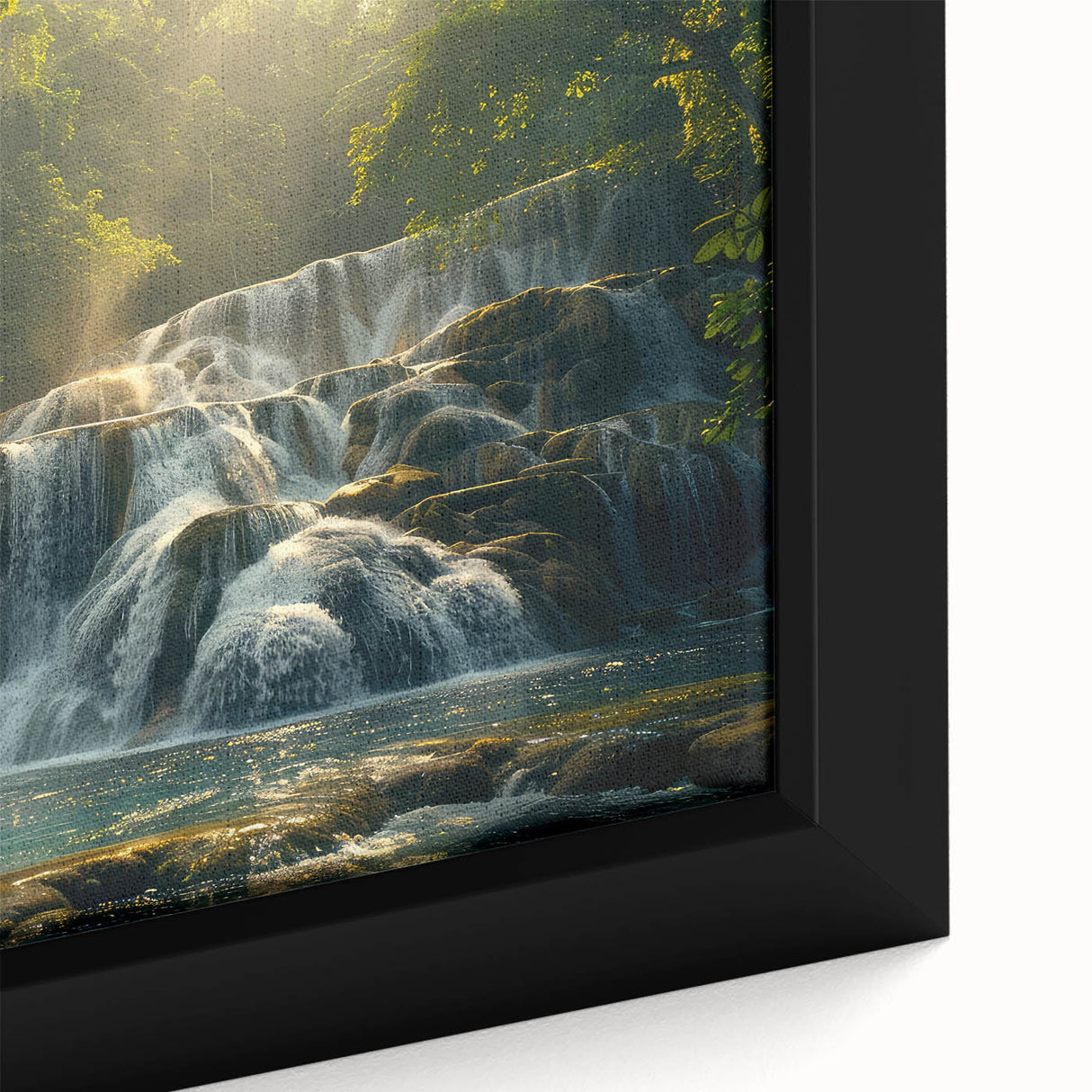 Close-up of a framed landscape canvas featuring a serene waterfall design, showcasing vibrant blues and greens, ideal for home decor and nature enthusiasts.