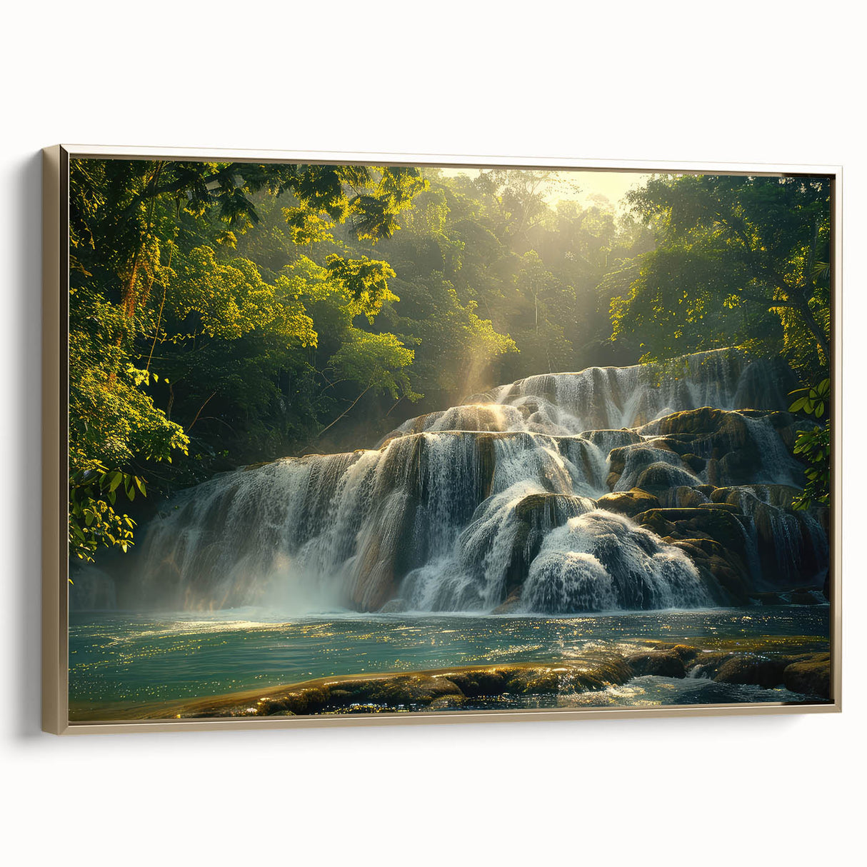 Framed canvas wall art showcasing a serene waterfall landscape with vibrant colors and gold accents, perfect for enhancing any living space or office decor.
