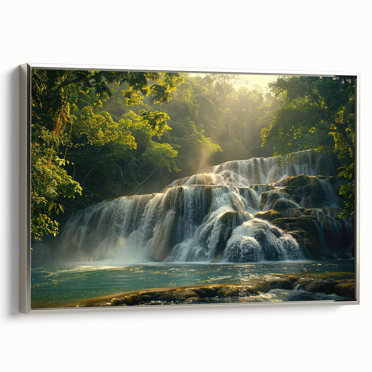 Framed canvas wall art showcasing a serene waterfall landscape with vibrant hues of blue and green, accented by a sleek silver frame, perfect for home decor.