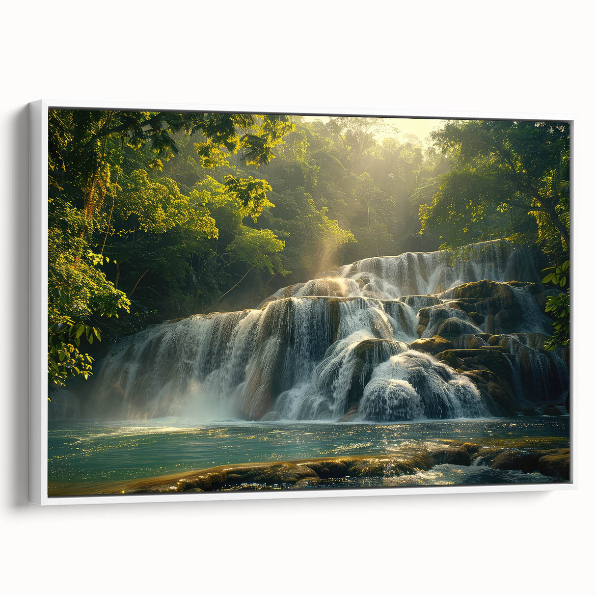 Framed canvas wall art showcasing a stunning waterfall landscape design with vibrant blues and greens, displayed against a white background for elegant decor.