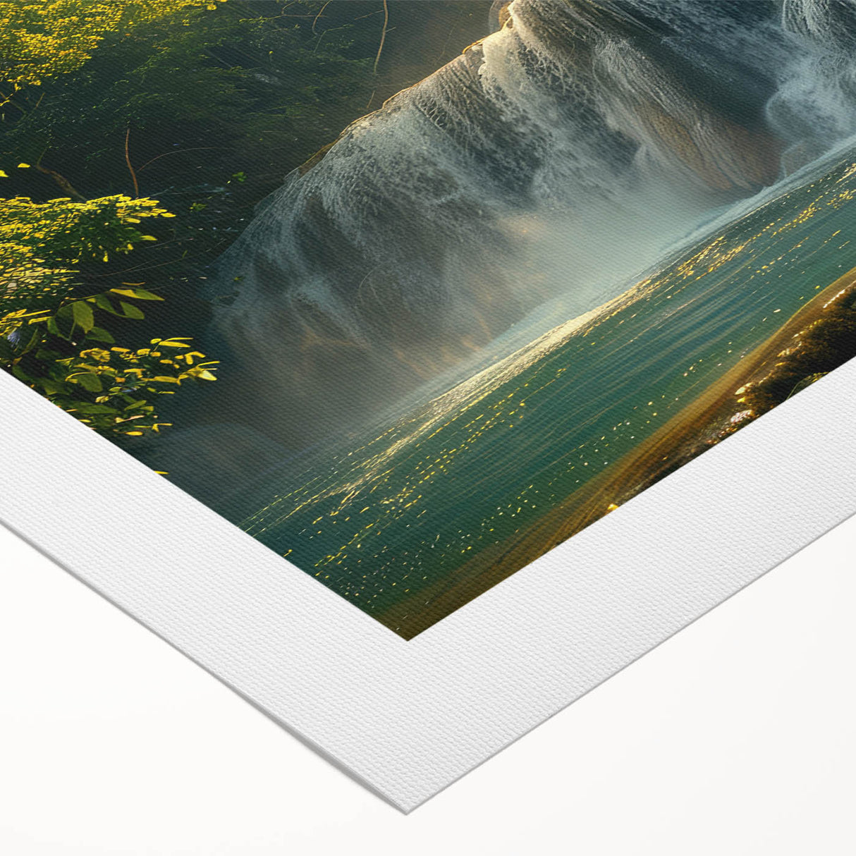 Stunning rolled canvas wall art depicting a vibrant waterfall landscape, showcasing lush greenery and flowing water, perfect for home decor enhancement.