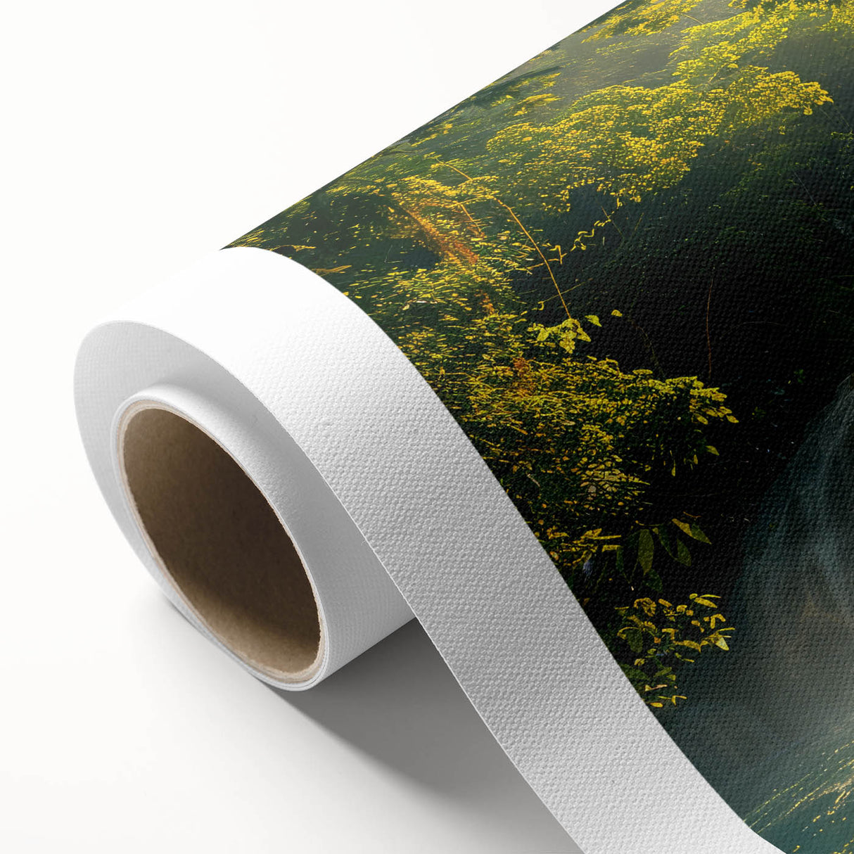Stunning rolled canvas artwork showcasing a serene waterfall landscape with vibrant colors and intricate details, perfect for home decor or office ambiance.