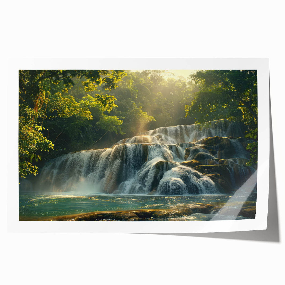 Vibrant rolled print showcasing a stunning waterfall landscape design, featuring lush greenery and cascading water, perfect for enhancing home decor aesthetics.