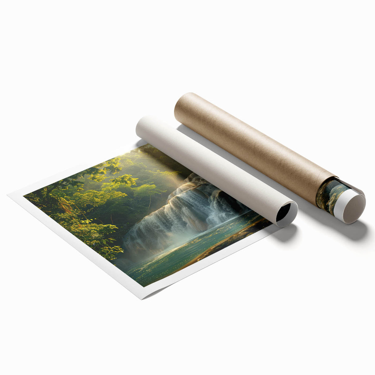 Vibrant waterfall landscape wall art print showcasing lush greenery and cascading water, designed to enhance any home decor setting. Ideal for nature lovers.