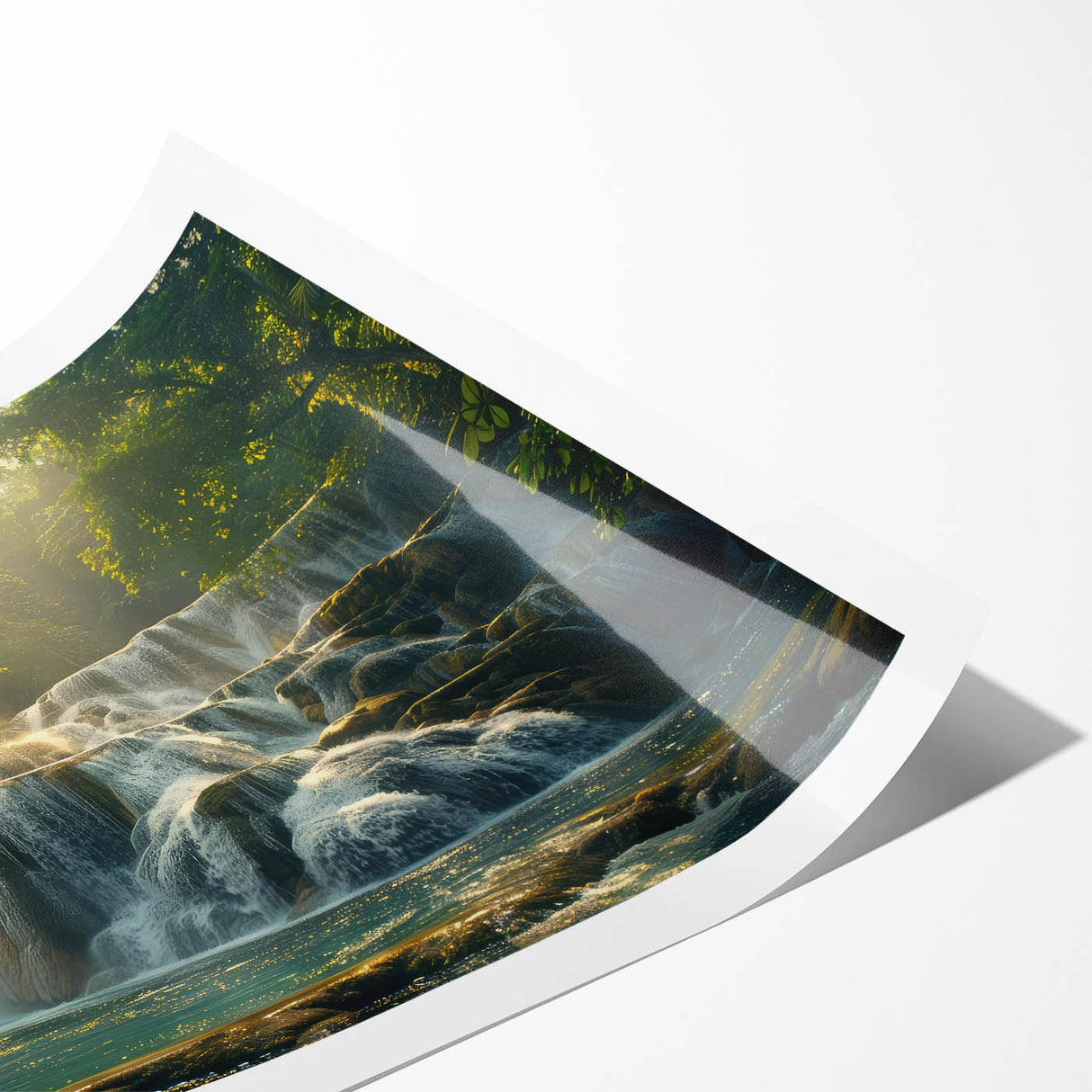 Stunning rolled print of a serene waterfall landscape, showcasing vibrant blues and greens, perfect for home decor. Ideal for nature enthusiasts and art lovers.