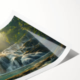 Stunning rolled print of a serene waterfall landscape, showcasing vibrant blues and greens, perfect for home decor. Ideal for nature enthusiasts and art lovers.
