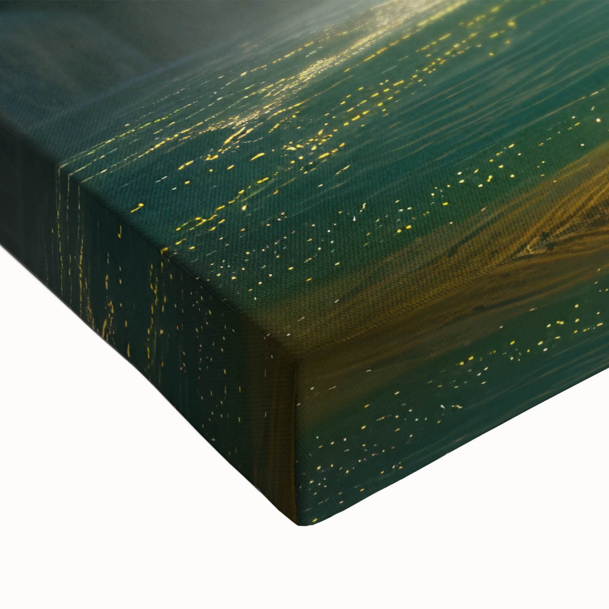 Close-up of a stretched canvas featuring a vibrant waterfall landscape design with lush greenery and flowing water, ideal for modern home decor.